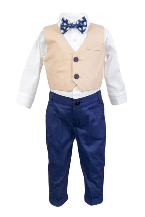 Costum botez 5 piese culoare crem-bleumarin