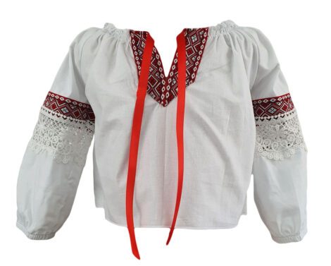 Costum traditional fetite 3 piese culoare rosie