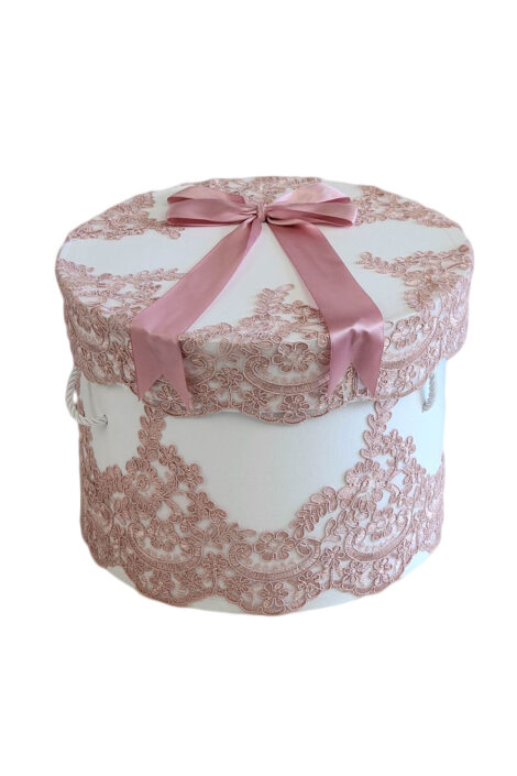 Cutie rotunda pentru trusou, dantela roz somon