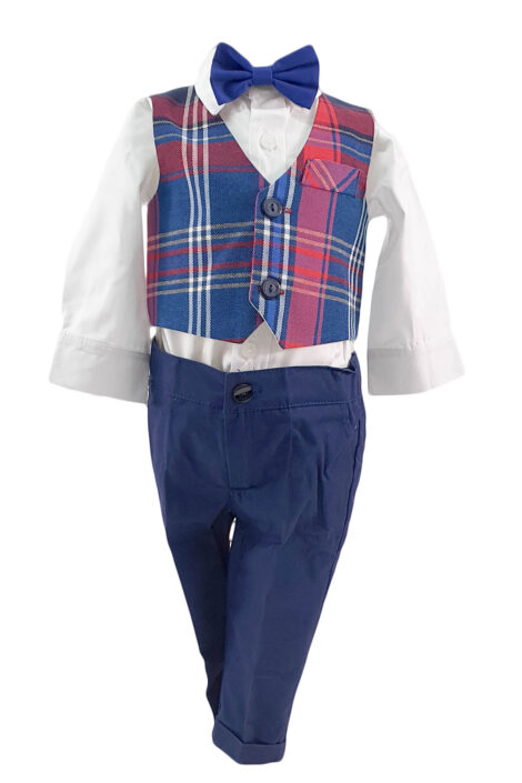 Costum botez, 3 piese, carouri rosii-bleumarin