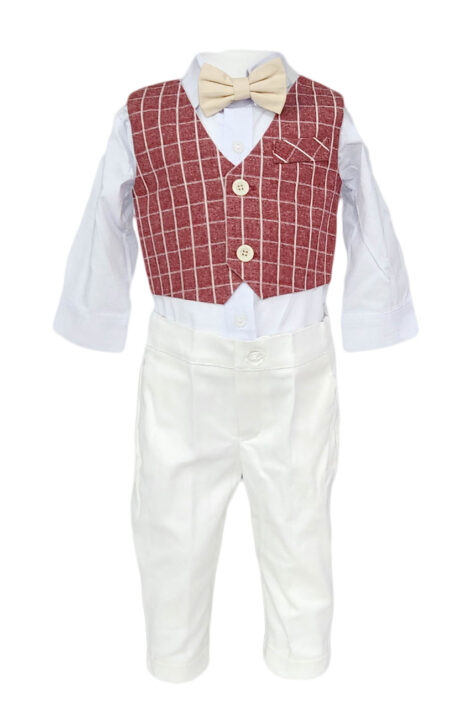 Costum botez 5 piese carouri grena