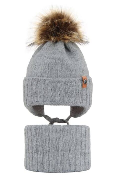 Set de iarnă pentru băieți Căciulă și fular circular gri deschis cu pompon Dominik