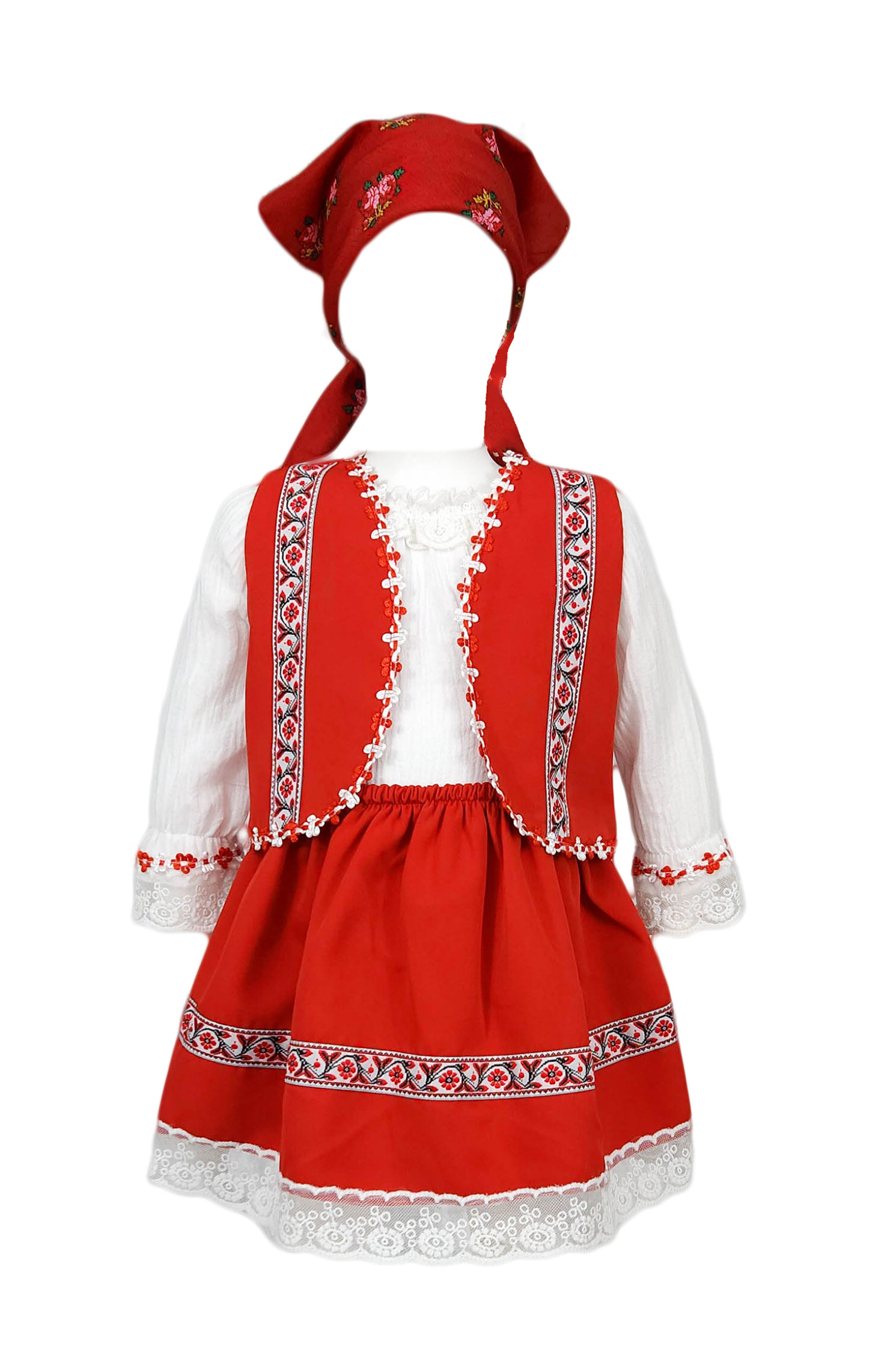 Costum botez traditional fete 4 piese, model Sanziana, culoare rosie