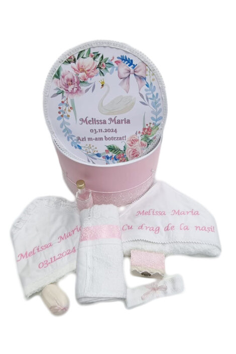 Trusou-botez-complet-personalizat-cutie-decorativa-model-Sacred-Ceremony-Set-Lebada-roz