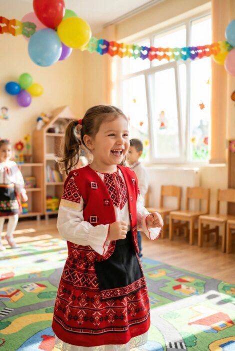 Costum traditional fetite, HTCTF 111, culoare rosie